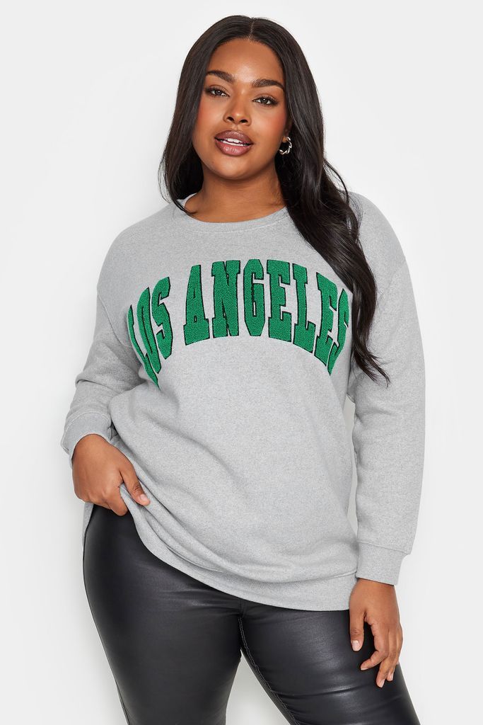 Curve Light Grey 'Los Angeles' Embroidered Slogan Sweatshirt, Women's Curve & Plus Size, Yours