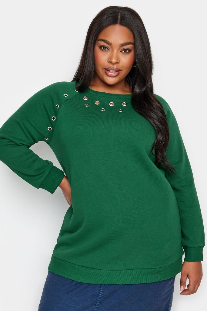 Curve Pine Green Eyelet Detail Sweatshirt, Women's Curve & Plus Size, Yours