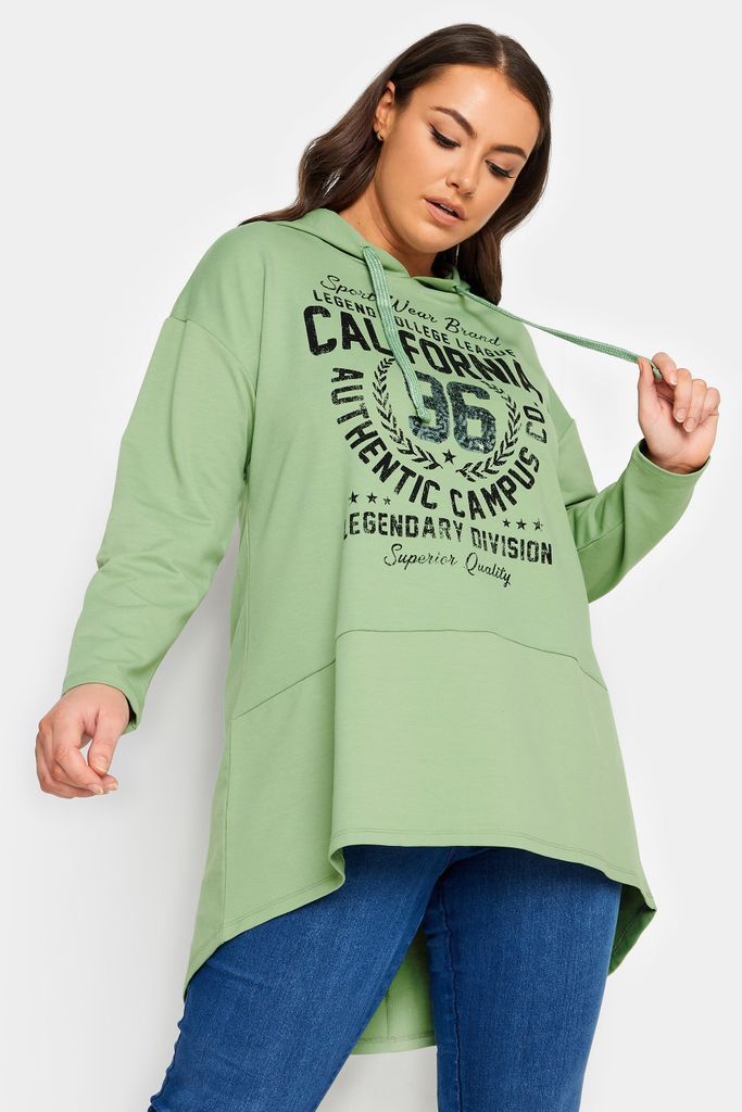 Curve Green 'California' Slogan Longline Hoodie, Women's Curve & Plus Size, Yours