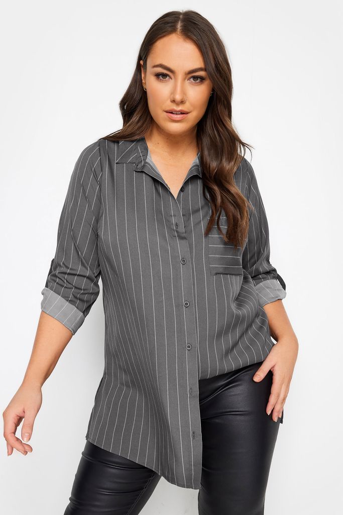 Curve Grey Stripe Print Boyfriend Shirt, Women's Curve & Plus Size, Yours