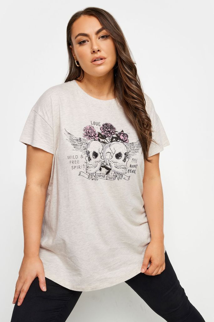Curve Ivory White Skull Print Diamante Embellished Tshirt, Women's Curve & Plus Size, Yours