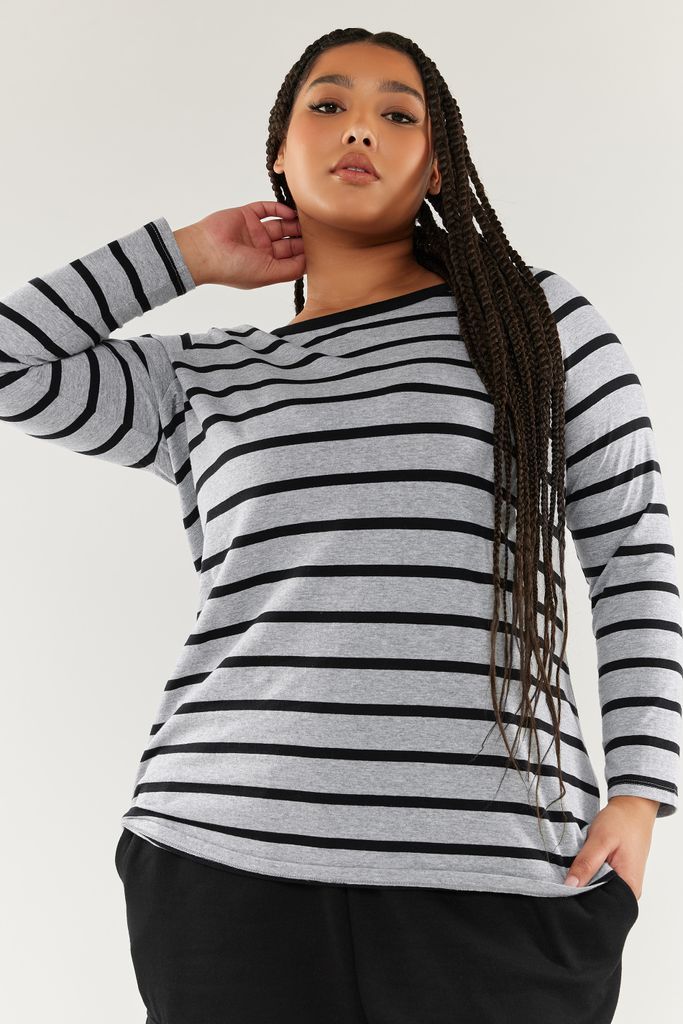Curve Grey Marl Stripe Long Sleeve Top, Women's Curve & Plus Size, Yours