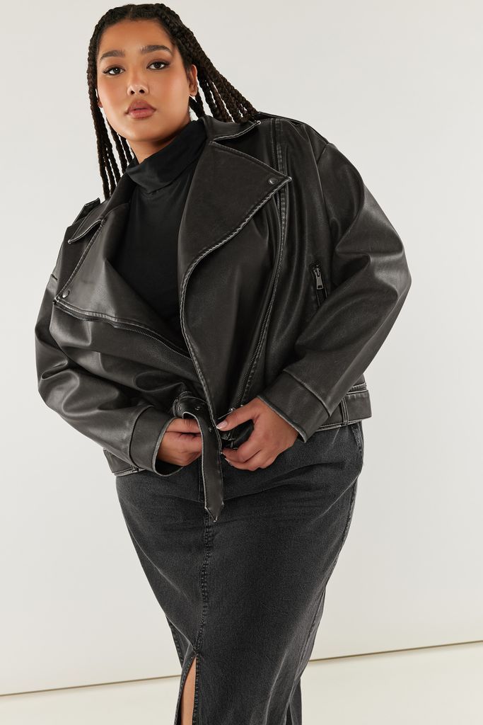Curve Black Washed Faux Leather Biker Jacket, Women's Curve & Plus Size, Yours