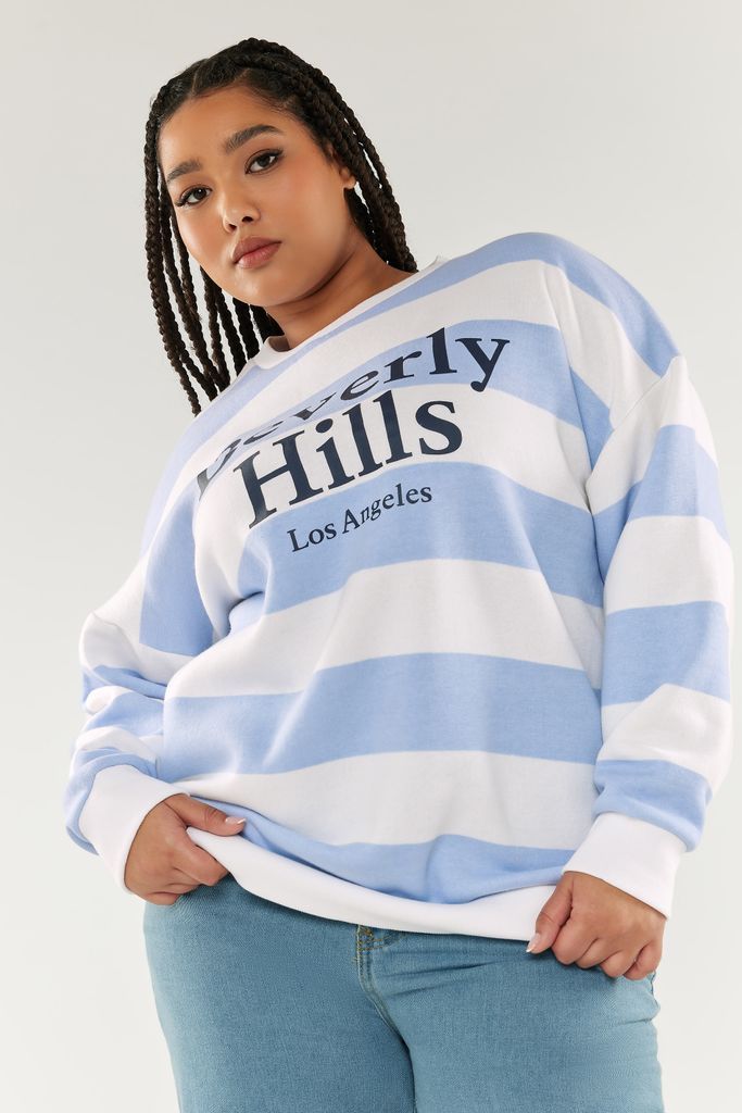 Curve Blue Stripe 'Beverly Hills' Slogan Sweatshirt, Women's Curve & Plus Size, Yours