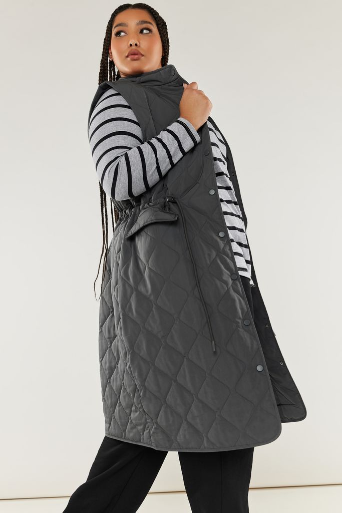 Curve Grey Lightweight Quilted Midi Gilet, Women's Curve & Plus Size, Yours