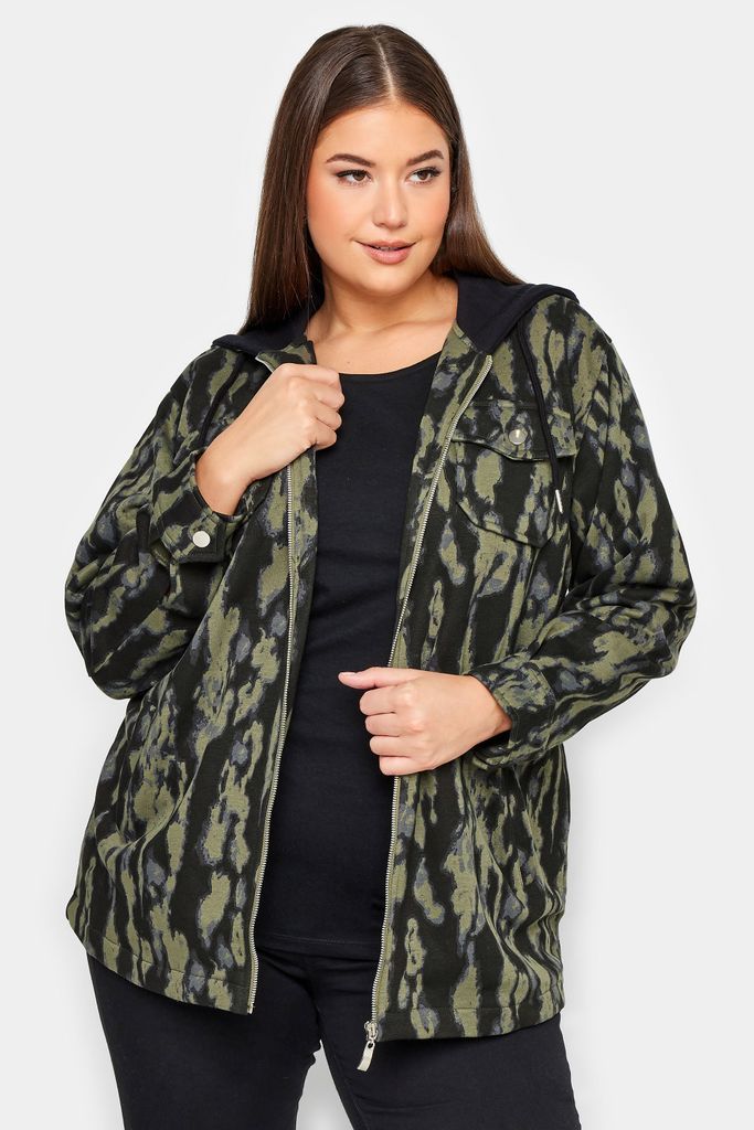 Curve Khaki Green Animal Markings Print Hooded Shacket, Women's Curve & Plus Size, Yours