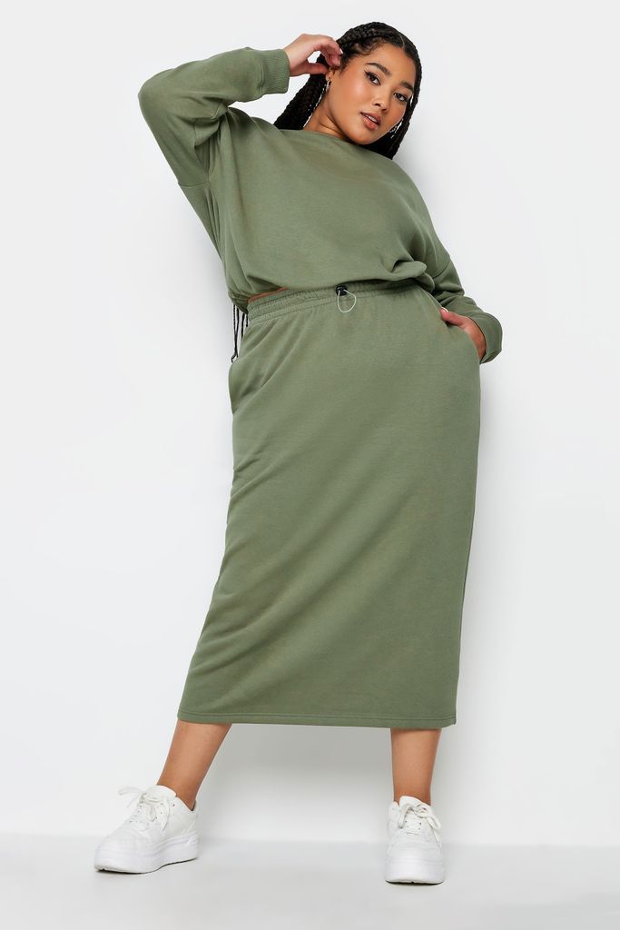 Curve Khaki Green Midi Sweat Skirt, Women's Curve & Plus Size, Limited Collection