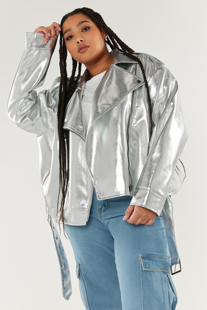 Curve Silver Metallic Biker Jacket, Women's Curve & Plus Size, Limited Collection