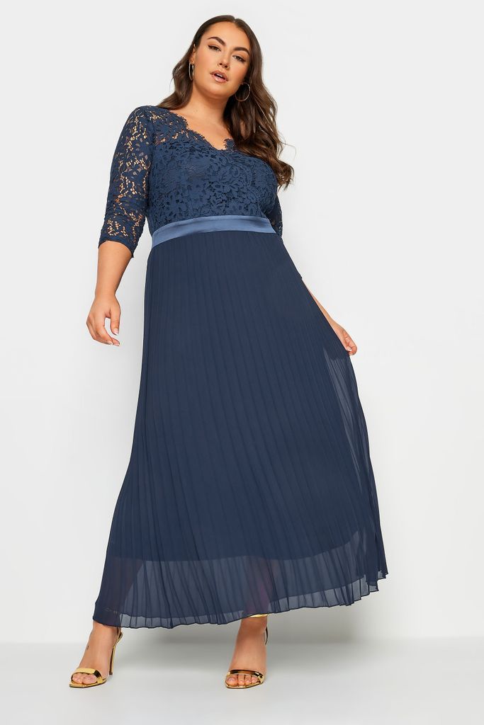 Curve Navy Blue Lace Wrap Pleated Maxi Dress, Women's Curve & Plus Size, Yours London