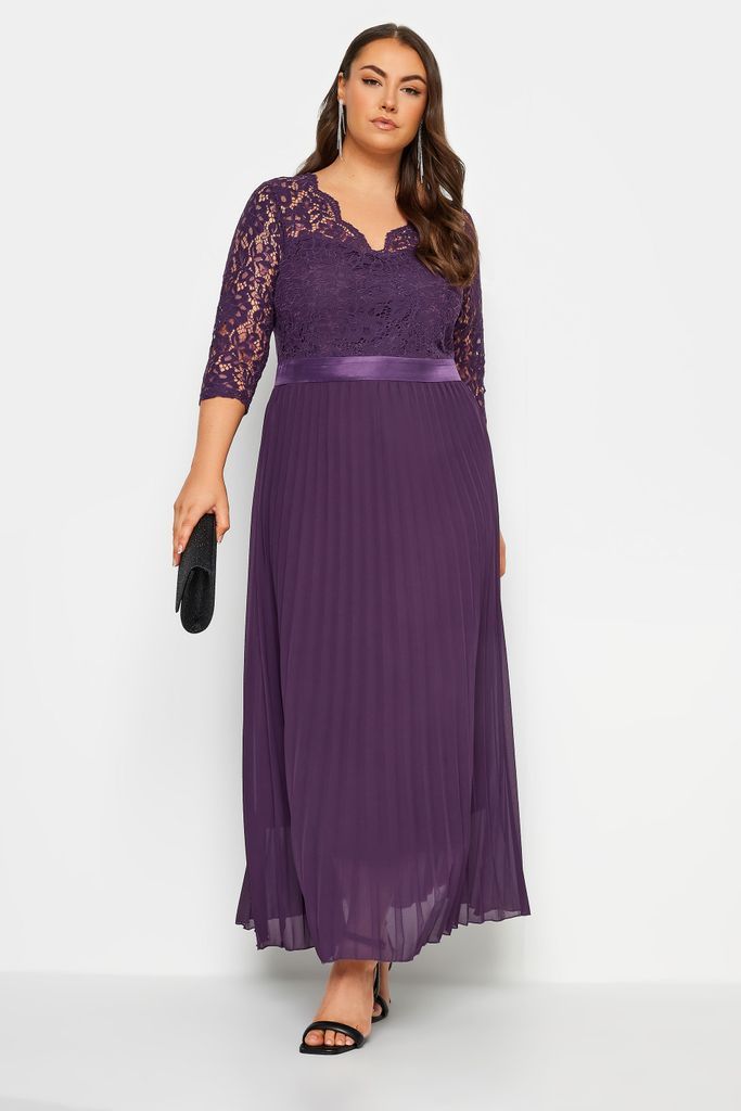 Curve Purple Lace Wrap Pleated Maxi Dress, Women's Curve & Plus Size, Yours London
