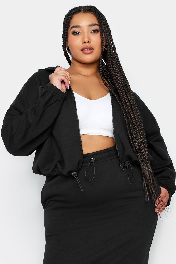 Curve Black Cropped Zip Through Hoodie, Women's Curve & Plus Size, Limited Collection