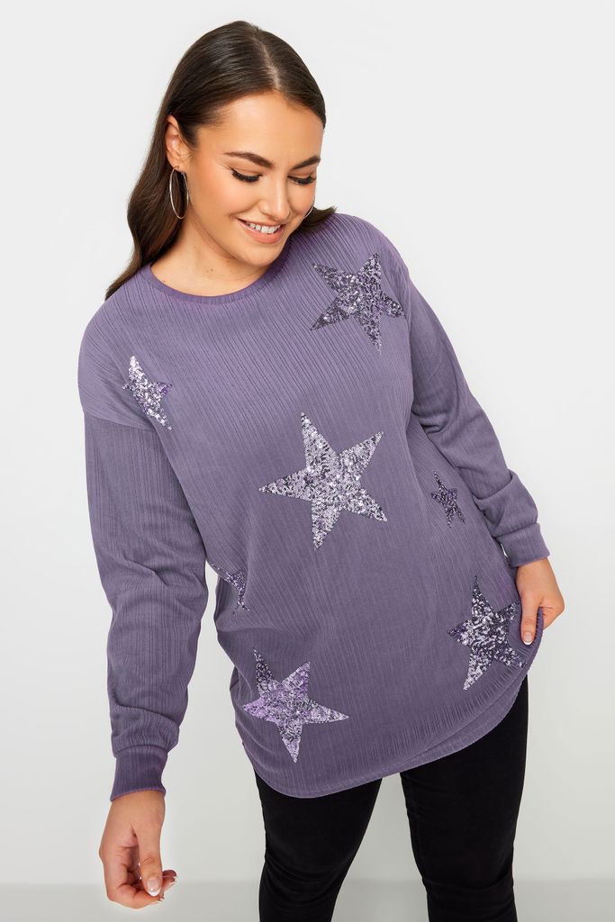 Yours Luxury Curve Purple Star Sequin Sweatshirt, Women's Curve & Plus Size, Yours Luxury Capsule Collection