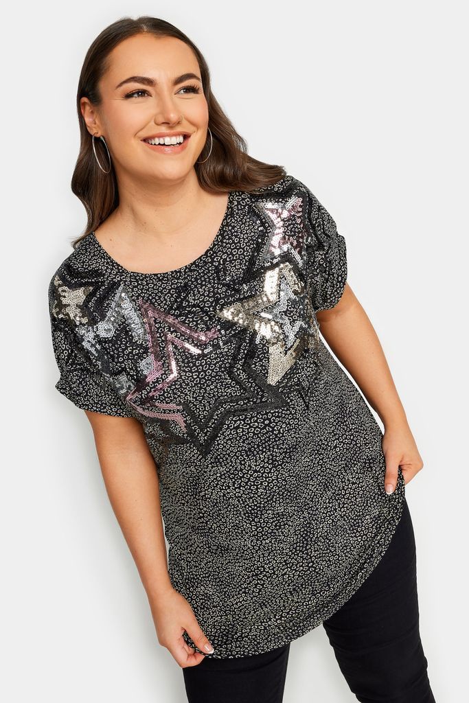 Curve Black Star Sequin Embellished Tshirt, Women's Curve & Plus Size, Yours