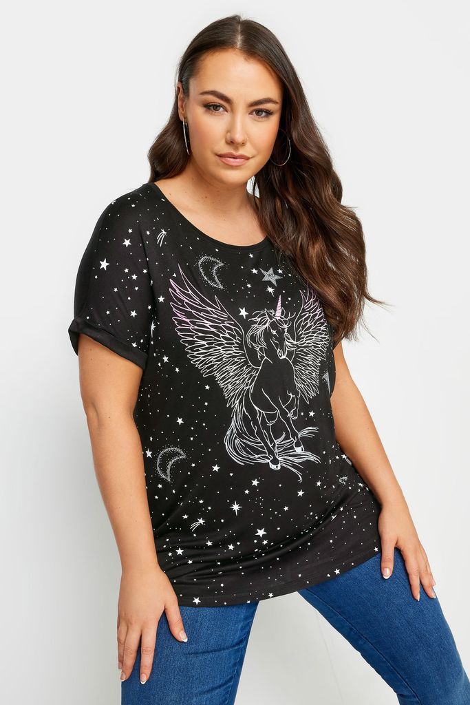 Curve Black Unicorn Print Tshirt, Women's Curve & Plus Size, Yours
