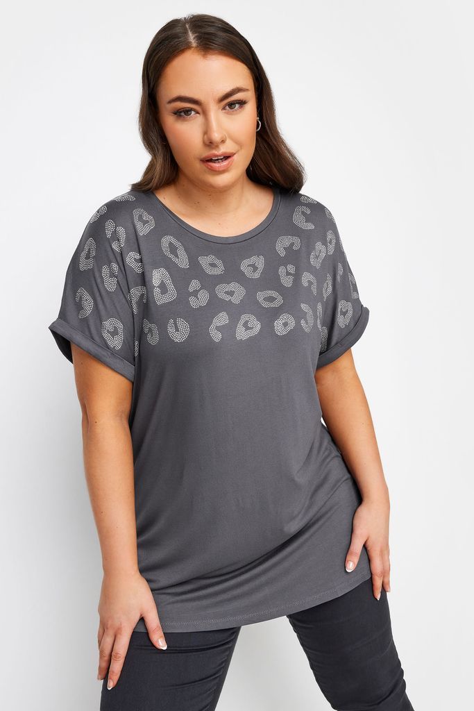 Curve Grey Leopard Print Stud Tshirt, Women's Curve & Plus Size, Yours
