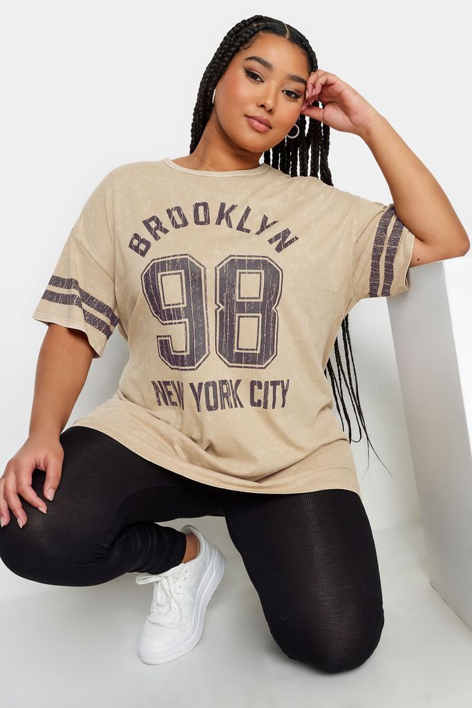 Curve Beige Brown 'Brooklyn' Slogan Acid Wash Varsity Tshirt, Women's Curve & Plus Size, Yours