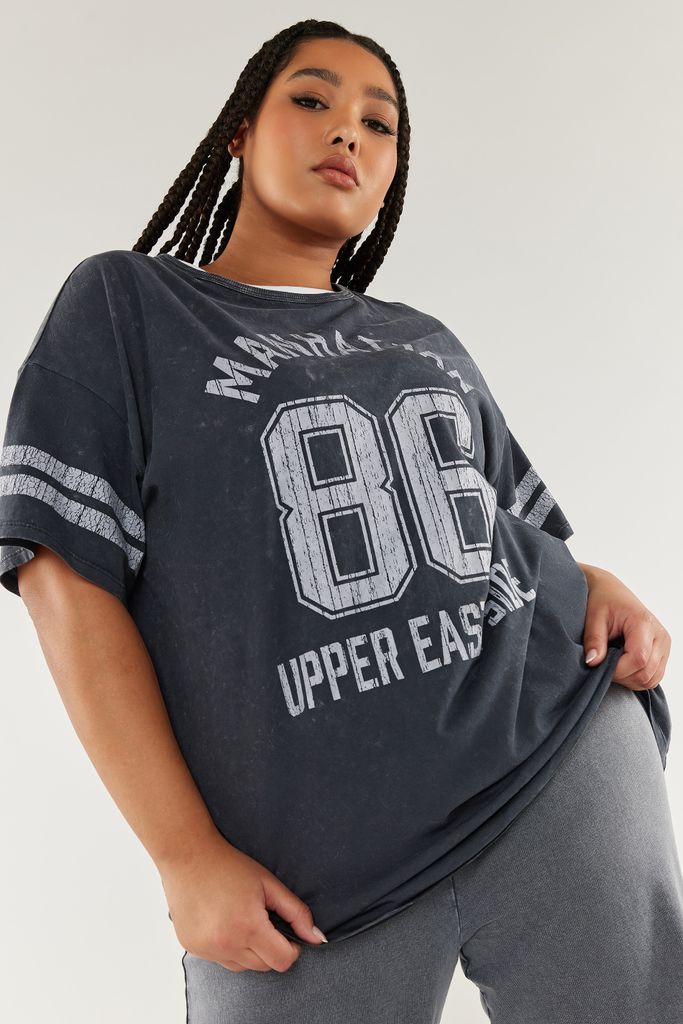 Curve Charcoal Grey 'Manhattan' Slogan Acid Wash Varsity Tshirt, Women's Curve & Plus Size, Yours