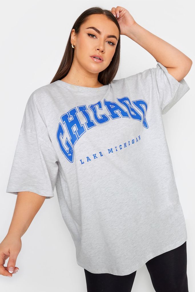Curve Light Grey 'Chicago' Slogan Oversized Boxy Tshirt, Women's Curve & Plus Size, Yours