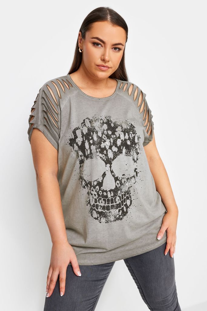 Curve Grey Skull Print Tshirt, Women's Curve & Plus Size, Yours