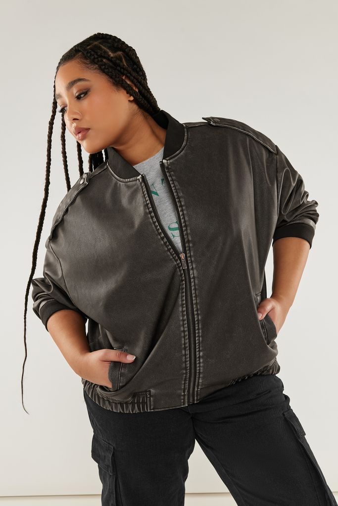 Curve Grey Washed Faux Leather Bomber Jacket, Women's Curve & Plus Size, Yours