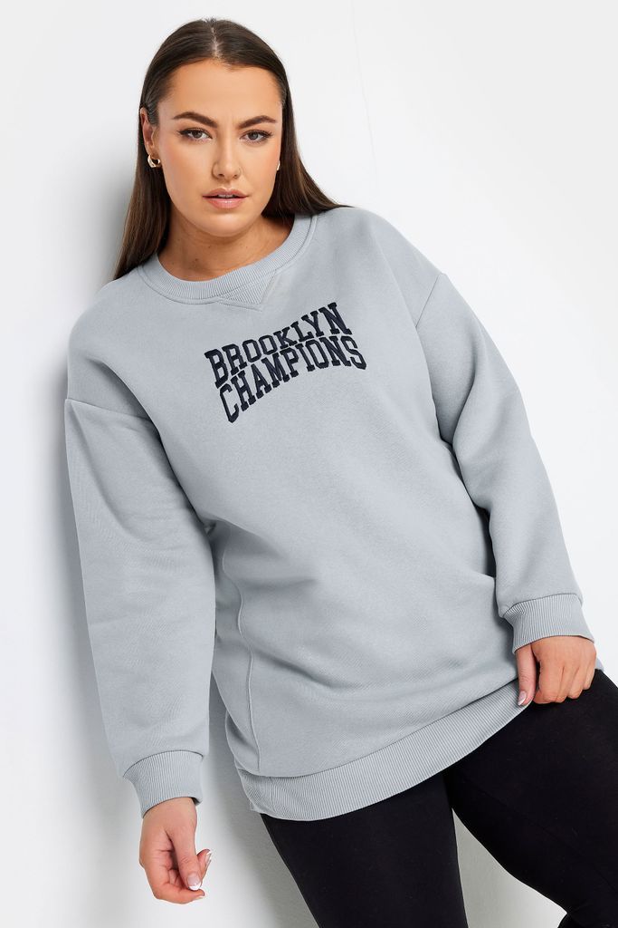 Curve Light Grey 'Brooklyn Champions' Slogan Sweatshirt, Women's Curve & Plus Size, Yours