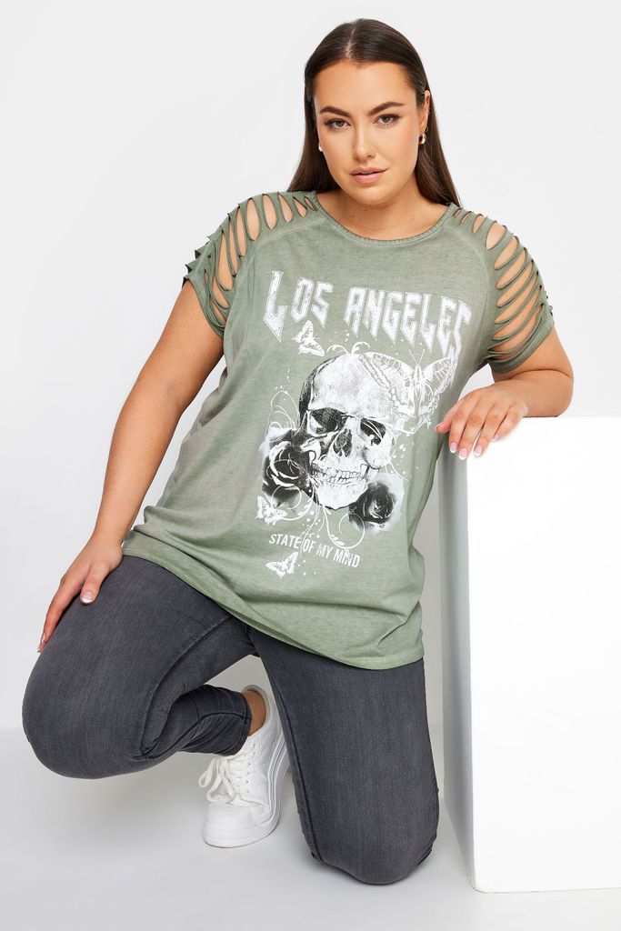 Curve Green Skull Print Tshirt, Women's Curve & Plus Size, Yours