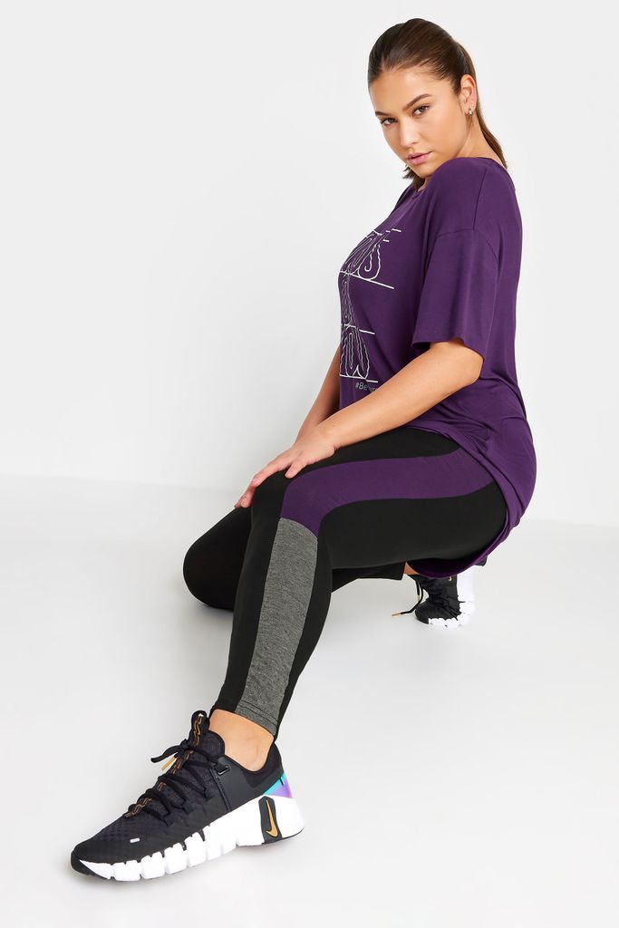 Active Curve Black & Purple Side Stripe Leggings, Women's Curve & Plus Size, Yours