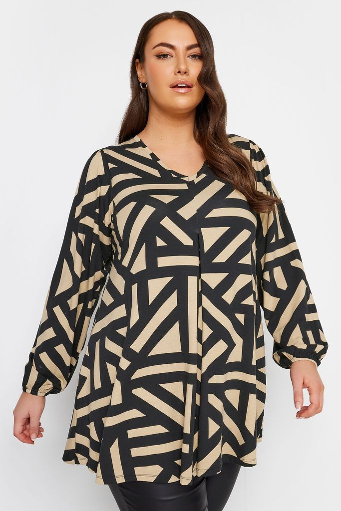 Curve Brown Geometric Print Balloon Sleeve Top, Women's Curve & Plus Size, Yours
