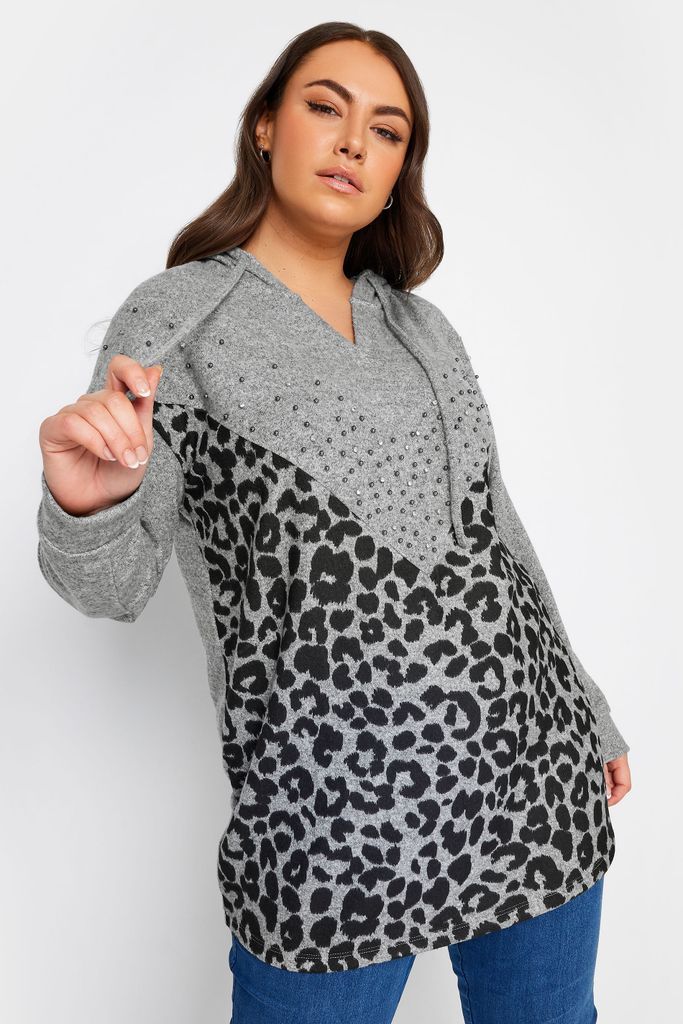 Curve Grey Leopard Print Stud Hoodie, Women's Curve & Plus Size, Yours