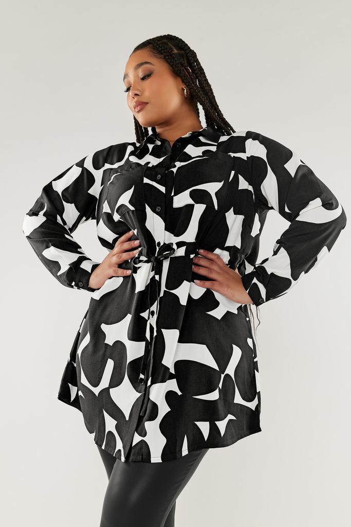 Curve Black & White Abstract Print Utility Tunic Shirt, Women's Curve & Plus Size, Yours
