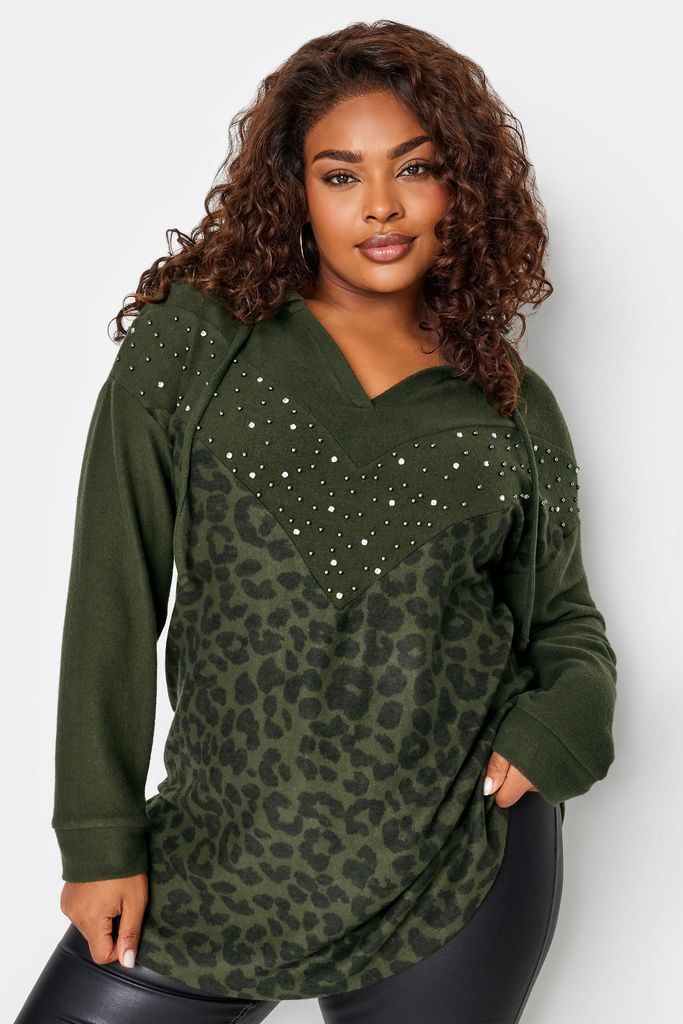 Curve Khaki Green Animal Print Embellished Hoodie, Women's Curve & Plus Size, Yours