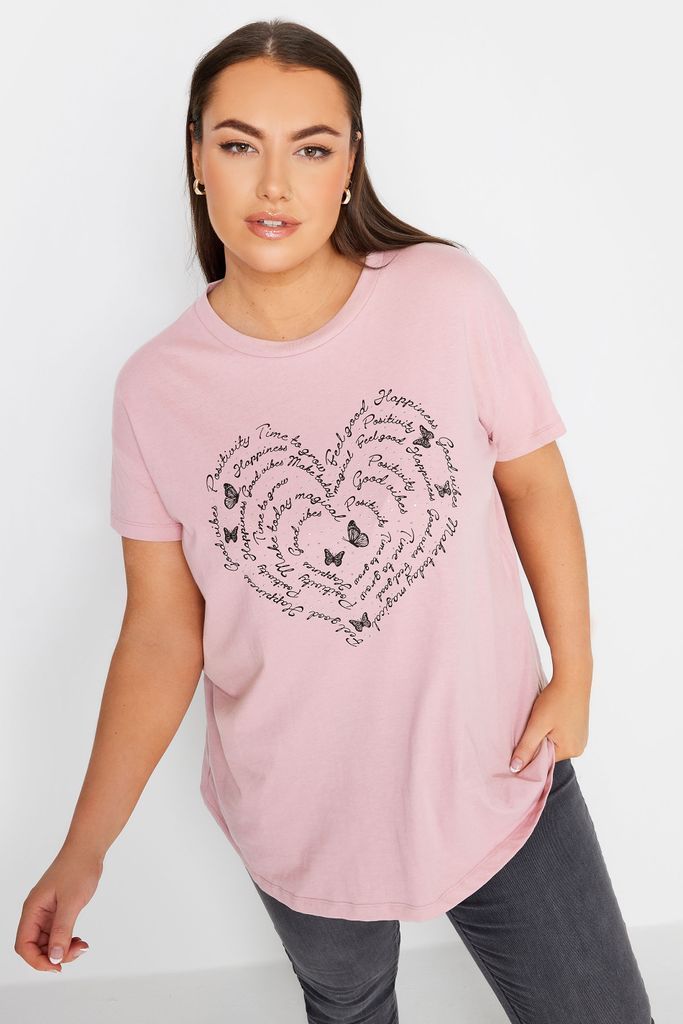 Curve Pink Positivity Heart Print Tshirt, Women's Curve & Plus Size, Yours