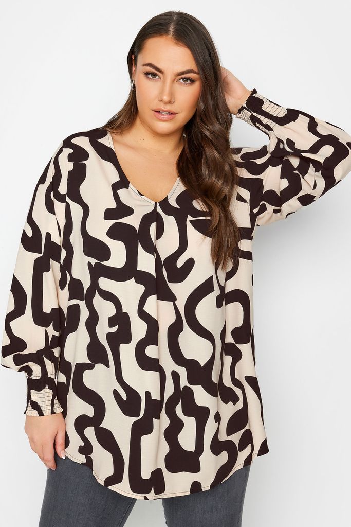 Curve Beige Brown Abstract Print Pleat Front Blouse, Women's Curve & Plus Size, Yours