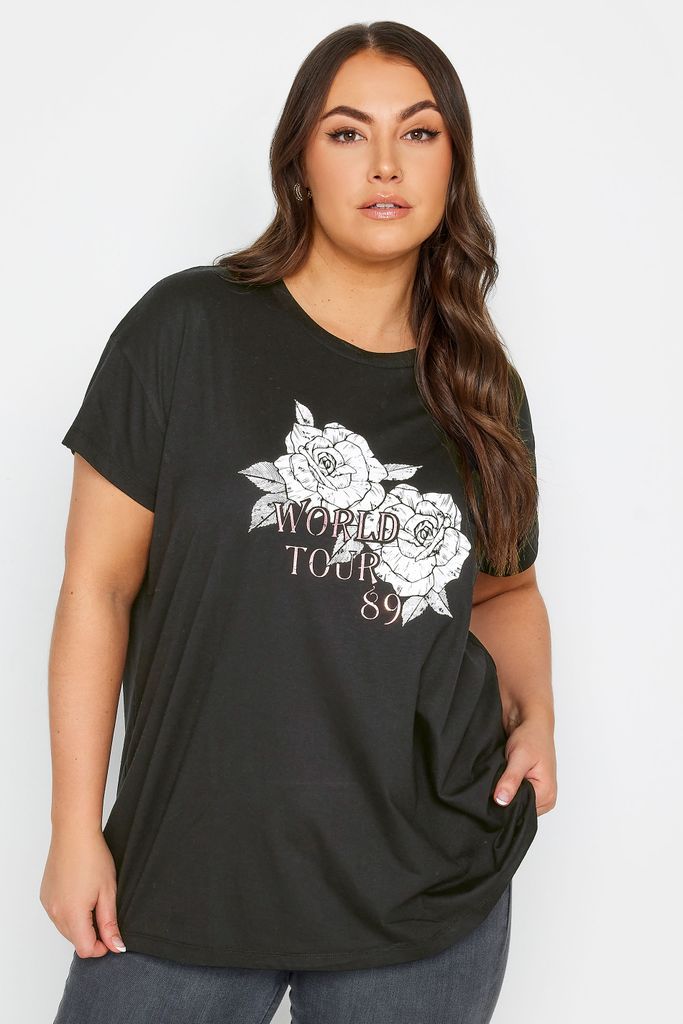 Curve Black 'World Tour' Rose Print Tshirt, Women's Curve & Plus Size, Yours