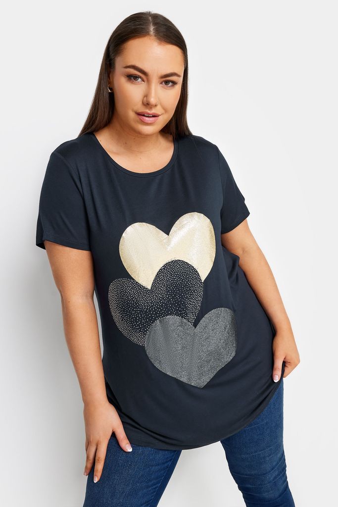Curve Navy Blue Glitter Heart Print Tshirt, Women's Curve & Plus Size, Yours