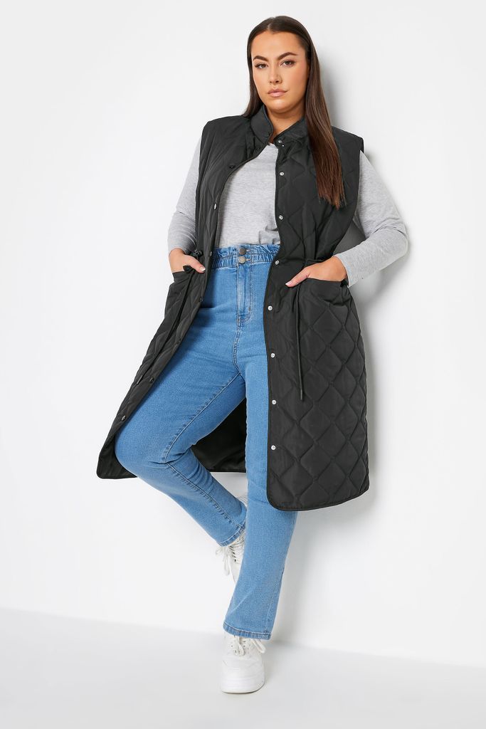 Curve Black Lightweight Quilted Midi Gilet, Women's Curve & Plus Size, Yours