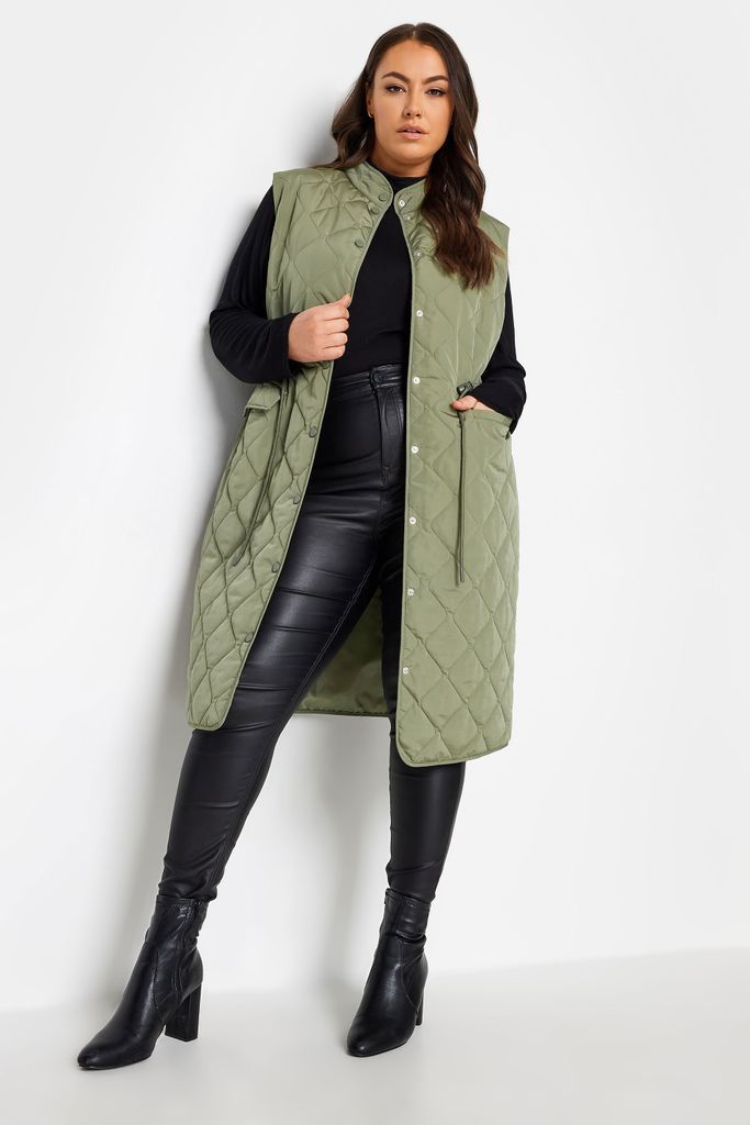 Curve Green Lightweight Quilted Midi Gilet, Women's Curve & Plus Size, Yours