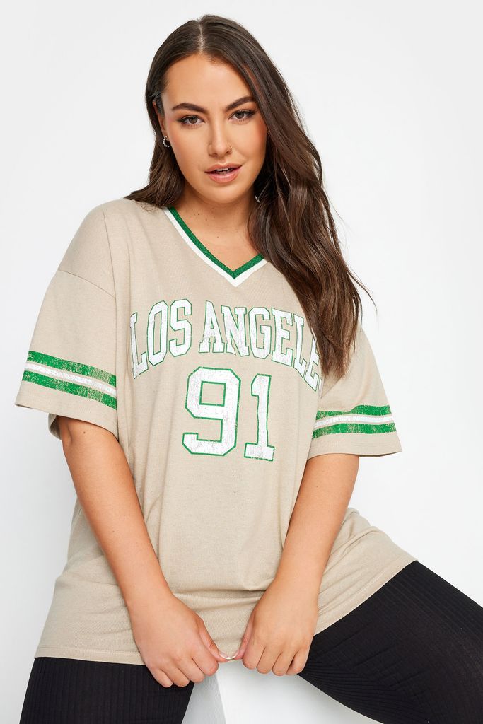 Curve Beige Brown 'Los Angeles' Slogan Varsity Tshirt, Women's Curve & Plus Size, Yours