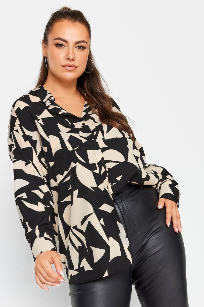 Curve Black & Beige Brown Abstract Print Oversized Shirt, Women's Curve & Plus Size, Yours