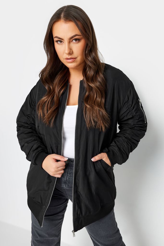 Curve Black Longline Bomber Jacket, Women's Curve & Plus Size, Yours