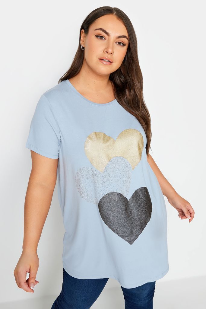 Curve Light Blue Glitter Heart Print Tshirt, Women's Curve & Plus Size, Yours