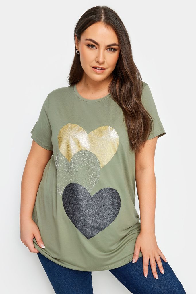 Curve Sage Green Glitter Heart Print Tshirt, Women's Curve & Plus Size, Yours