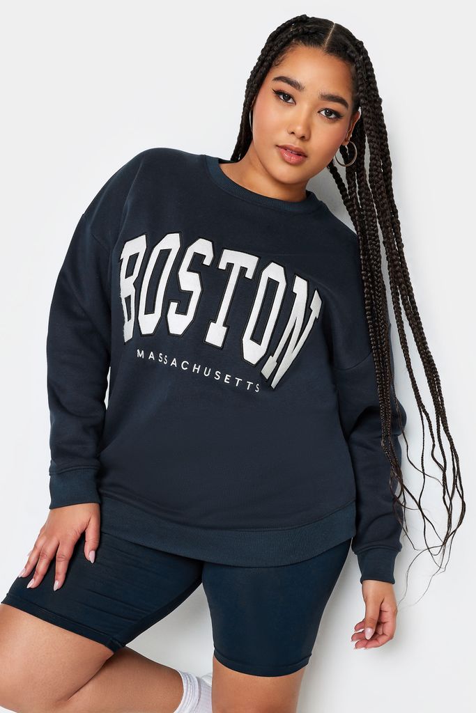 Curve Navy Blue 'Boston' Embroidered Slogan Sweatshirt, Women's Curve & Plus Size, Yours