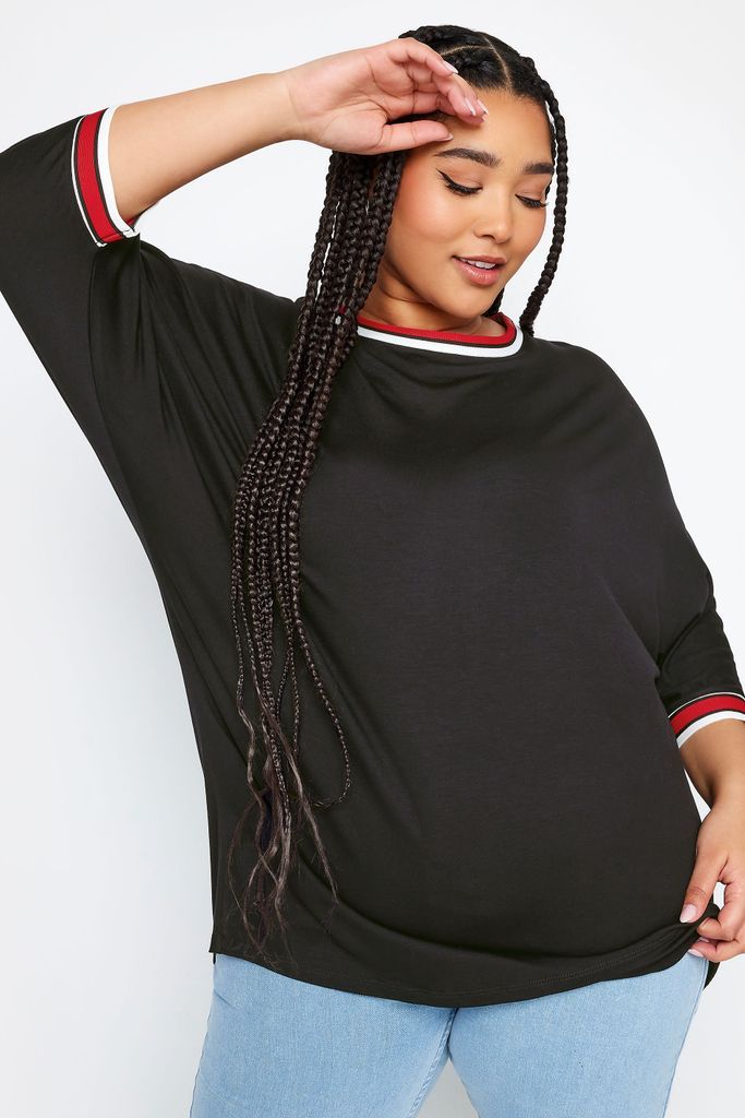Curve Black Stripe Detail Batwing Sleeve Tshirt, Women's Curve & Plus Size, Yours