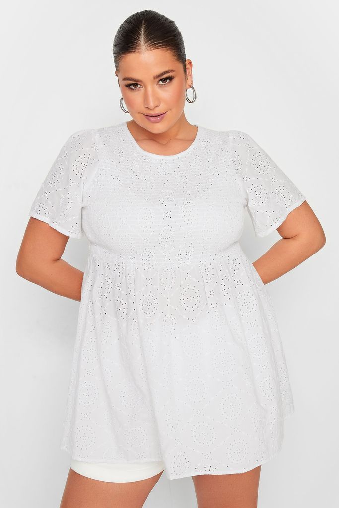 Curve White Broderie Anglaise Shirred Top, Women's Curve & Plus Size, Yours