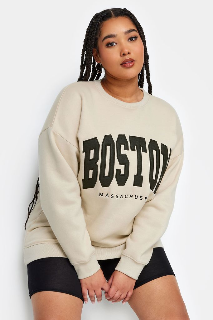 Curve Beige Brown 'Boston' Embroidered Slogan Sweatshirt, Women's Curve & Plus Size, Yours