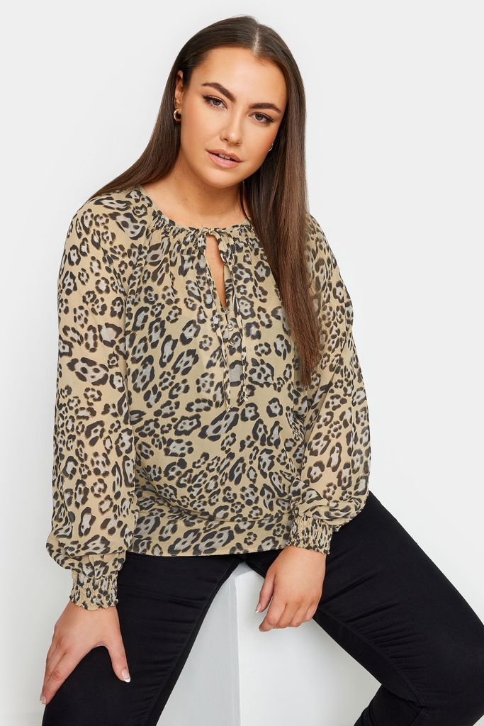 Curve Beige Brown Leopard Print Tie Neck Blouse, Women's Curve & Plus Size, Yours