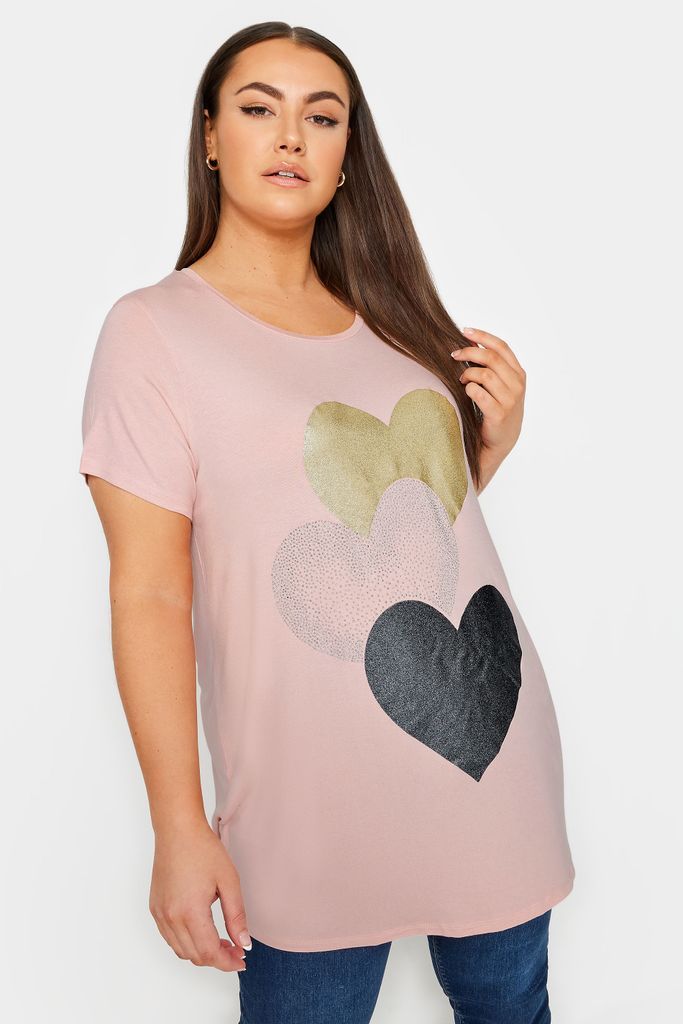 Curve Light Pink Glitter Heart Print Tshirt, Women's Curve & Plus Size, Yours