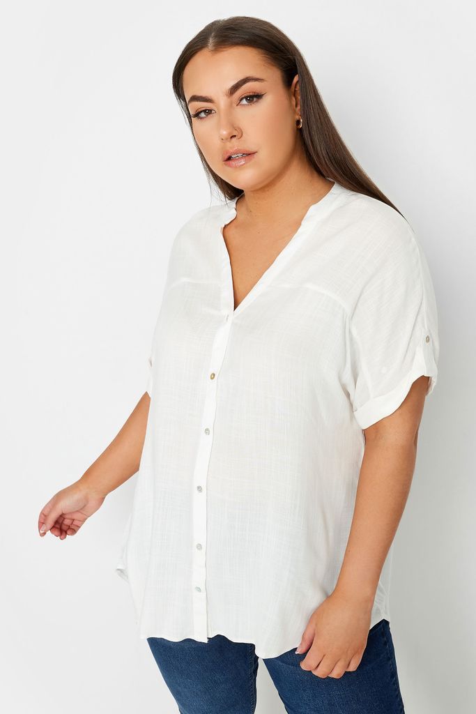 Curve White Button Short Sleeve Shirt, Women's Curve & Plus Size, Yours