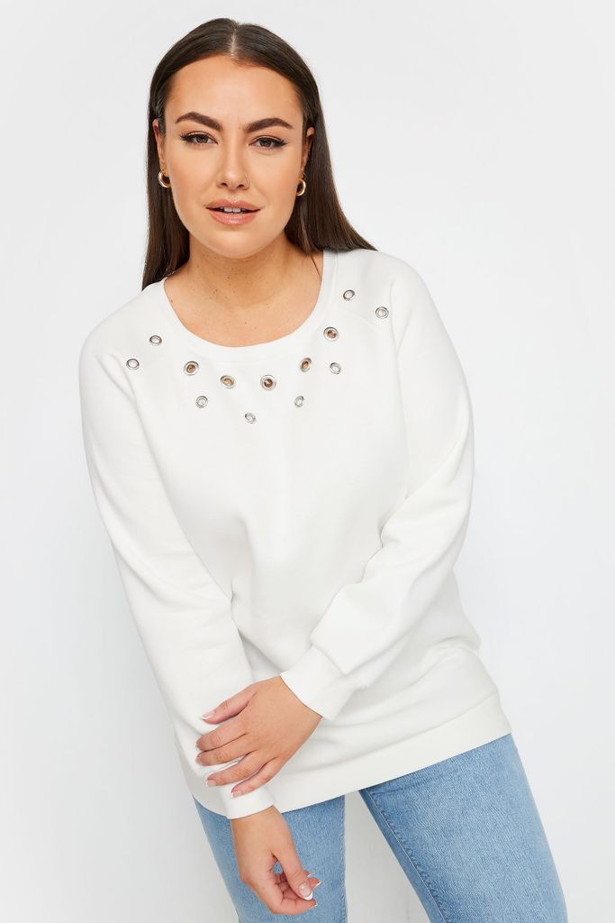 Curve White Eyelet Detail Sweatshirt, Women's Curve & Plus Size, Yours